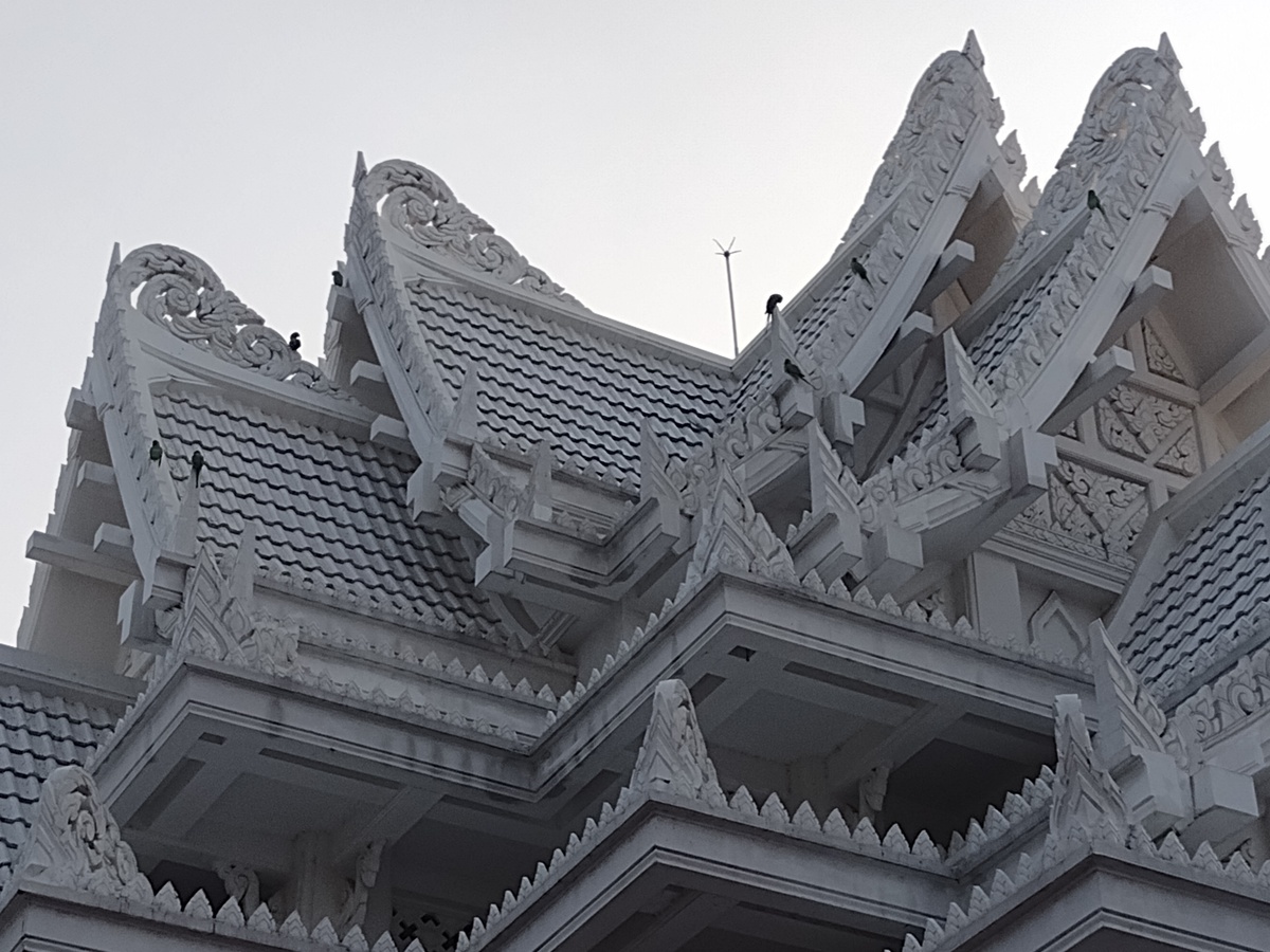 Thai Monastery with parrots perched on roof